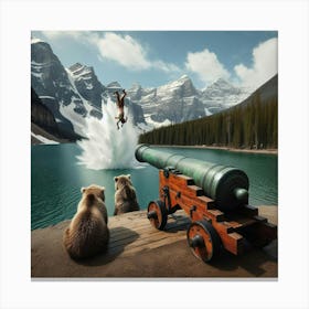 Bears Watching A Man Shoot Out Of A Cannon Canvas Print