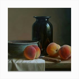 Peaches And A Black Vase Canvas Print