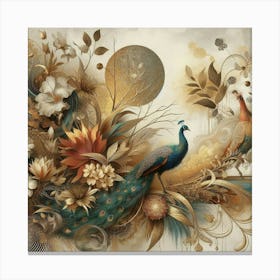 Peacocks And Flowers Canvas Print