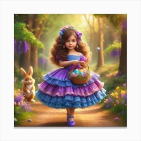 Little Girl In Purple Dress Holding Easter Basket Canvas Print