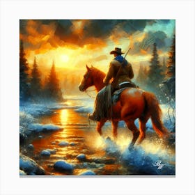 Cowboy Riding Across A Stream 2 Copy Canvas Print