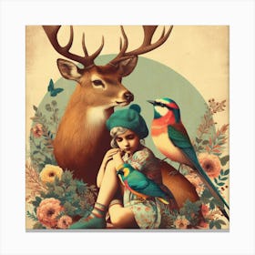 Deer And Bird Canvas Print