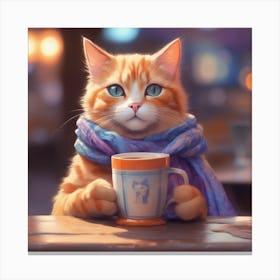 Orange Cat With A Cup Of Coffee Canvas Print