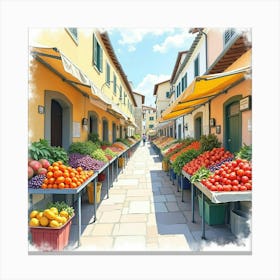 Colorful Watercolor Market Scene In Florence With Fruits, Vegetables, And Flowers 1 Canvas Print