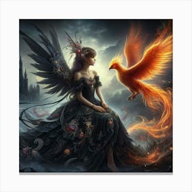 Portrays A Young Fairy Alongside A Phoenix 3 Canvas Print