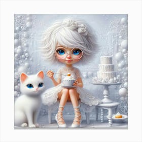 Little Girl With Cake And Cat Canvas Print