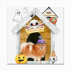 Halloween Pomeranian Dog Witch Haunted House Canvas Print