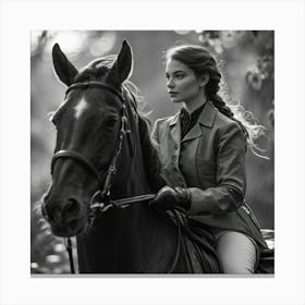 Monochromatic Portrait Of A Woman With Braided Hair Riding A Majestic Stallion Both Horse And Ride Canvas Print