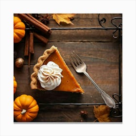 Pumpkin Pie Slice Topped With Whipped Cream From Above Positioned On An Age Worn Wooden Table Surr 2 Canvas Print