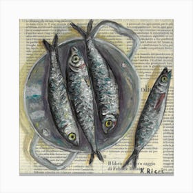 Fishes In A Pan On Newspaper Sardines Neutral Coastal Art Seafood Food Fishing Sardine Anchovies Decor Canvas Print