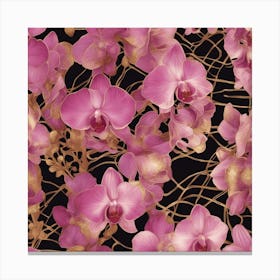 Seamless Pattern Of Elegant Orchid Floral Motifs In Pink, Adorned With Gold Lines 1 Canvas Print