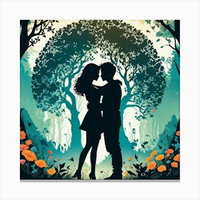 Silhouettes Of Two People Hugging Surrounded By Elements Of Nature Flowers Trees Growing , Silhouette Of Couple In The Forest 1 Canvas Print