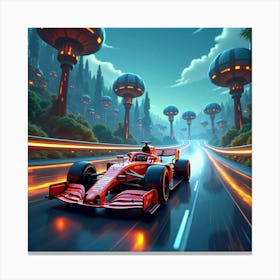 Formula Car Zooming On A Futuristic Track With Glowing Plants And Alien Structures 1 Canvas Print