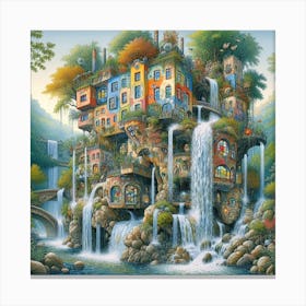 Inspired by the architectural fantasies of Friedensreich Hundertwasser: A gravity-defying building cascading down a waterfall, 3 Canvas Print