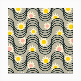 RISE AND SHINE Rising Sun Wavy Retro Mid-Century Modern Geometric Stripes in Pink Yellow Cream Black on Gray Canvas Print