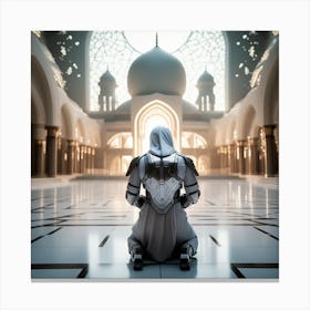 A 3d Dslr Photography Muslim Wearing Futuristic Digital Armor Suit , Praying Towards Masjid Al Haram, House Of God Award Winning Photography From The Year 8045 Canvas Print