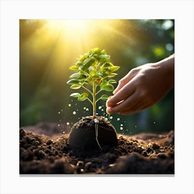 Hand Planting A Tree, A Small Seed That Grows Into A Large Tree Bearing Fruit Canvas Print