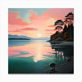 Minimalist Landscape Lake Taupo Sunset Vibrant With Shades Of Blush Pink Pale Blue Canvas Print