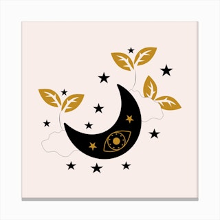 Moon Eyes Stars Clouds And Plants Square Canvas Print