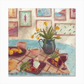 Still life with flowers and win Canvas Print