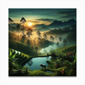 Sunrise In The Rice Fields Canvas Print
