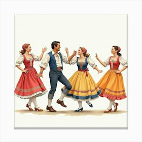 Traditional English Folk Dance, Watercolor With Vibrant Costumes 1 Canvas Print