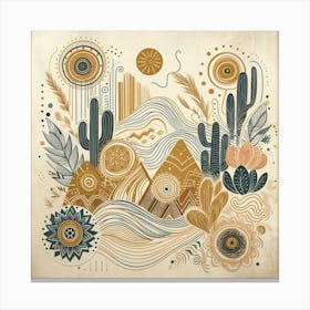 Cactus And Cactus.Boho art, moon and yellow squiggly line, American style. Canvas Print