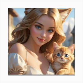 Cute Girl With Cat Canvas Print