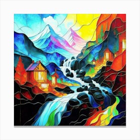 Abstract art stained glass art of a mountain village in watercolor 15 Canvas Print
