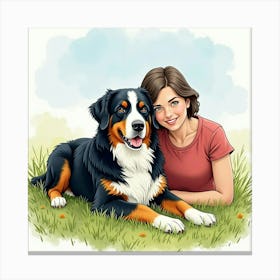 A Calm Bernese Mountain Dog Lying Beside Its Owner In A Meadow, Watercolor 1 Canvas Print