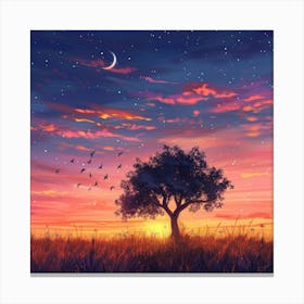 Sunset Landscape With Tree Canvas Print