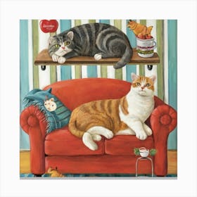Couch Potato Cat Paradise Print Art - Imagine Cats Lounging On Comfy Sofas With Snacks Canvas Print