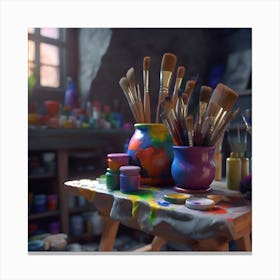 Artist's Brushes and Paint Pots  Canvas Print