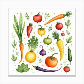 Charming Watercolor Composition Of Vegetables And Fruits In A Lovely Display 1 Canvas Print