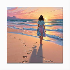 Alone Girl At Beach Ocean With Sunset Art Print (1) Canvas Print