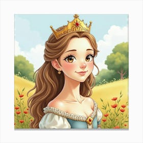 Watercolor Portrait Of Young Queen In A Serene Countryside Canvas Print