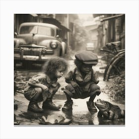 Two Children Playing With A Frog Canvas Print