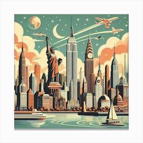 Vintage Travel Poster Depicting A Mid Century City Skyline With Iconic Landmarks, Style Retro Travel Poster 1 Canvas Print