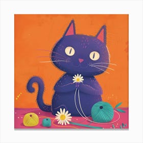 Cat With Yarn And Flowers Canvas Print