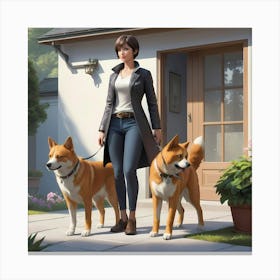 Woman And Her Dogs Canvas Print