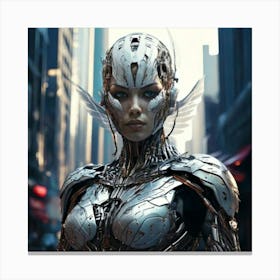 Firefly Robot, Futuristic, Superhero, Steel Wings, Damaged, Human Face, Realistic, City, Cybernetic, (3) Canvas Print