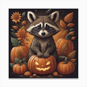 Raccoon With Halloween Pumpkin Canvas Print