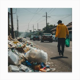 Garbage Man Walking On The Street Canvas Print