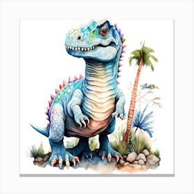 Realistic Blue Dinosaur Standing Among Palm Trees And Plants Canvas Print