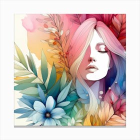 Watercolor Of A Girl With Flowers 4 Canvas Print