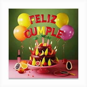 Feliz cumple and Feliz cumpleaños sign means Happy Birthday in Spanish language, Birthday party celebration gift with birthday cake candle colorful balloons best congratulation over light background wall artFeliz Cumple 56 Canvas Print