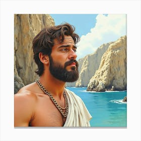 A Watercolor Image Of A Greek Man With A Rugged Appearance, Set Against Dramatic Cliffs 1 Canvas Print