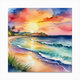 Watercolor Of A Beach Sunset Canvas Print