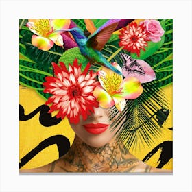Mother Nature With Humming Bird Flowers And Tattoo In Yellow Canvas Print