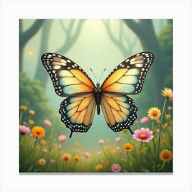 A Whimsical Butterfly With Wings Of Flowing, Iridescent Ribbons Fluttering Through A Dreamlike Meadow Canvas Print